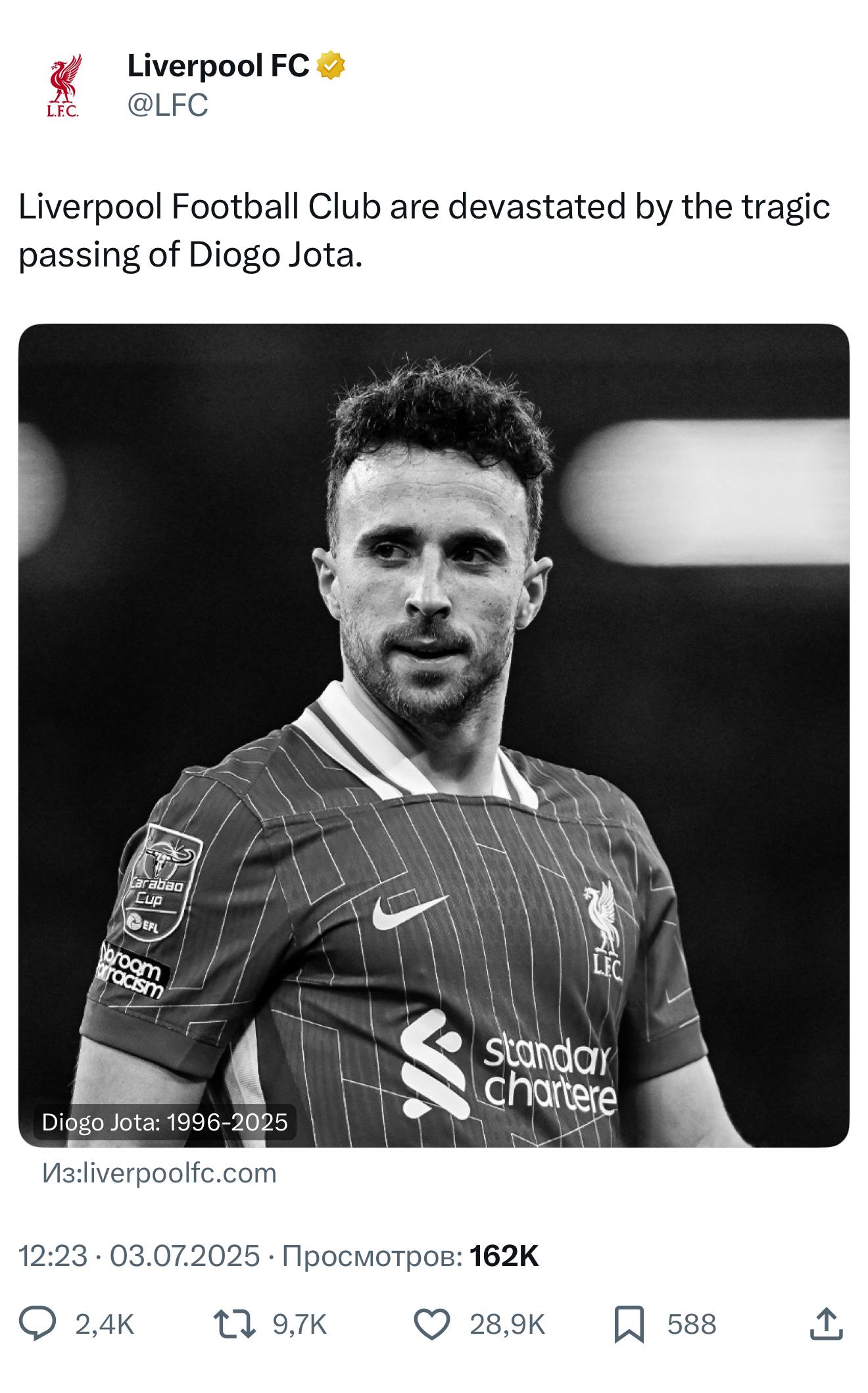 «Liverpul» hujumchisi Jota YTH oqibatida halok bo‘ldi